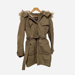 Esprit Parka Jacket Women Large Khaki Tan Excellent Belted Faux Fur Hood Utility